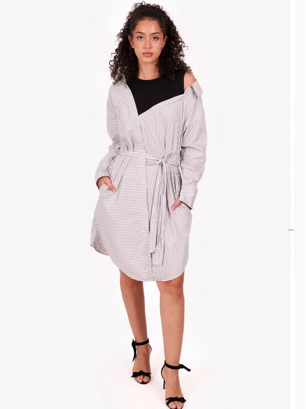 Maje Riava Oversized Striped Shirt Dress in White and Gray Pinstripe Size 2